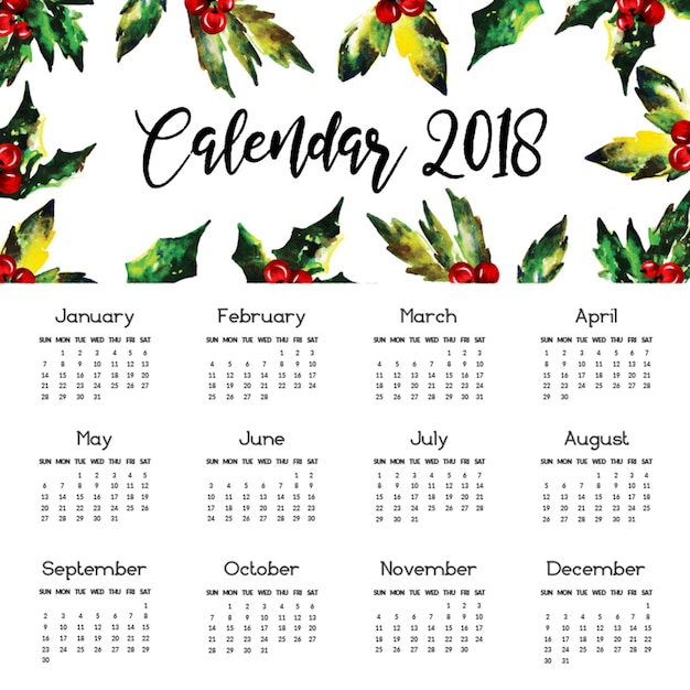 Calendário anual floral da aguarela 2018