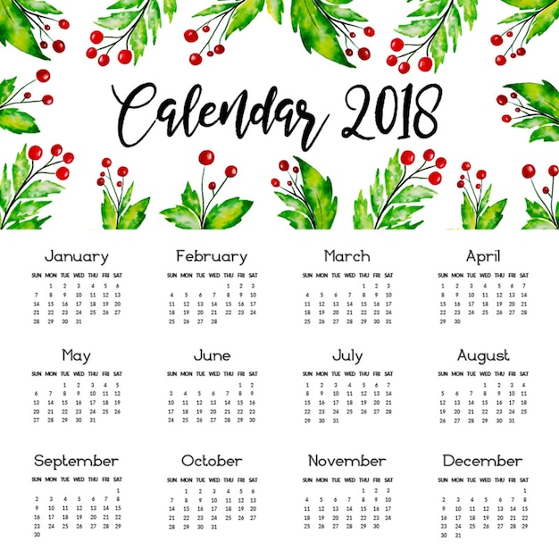 Vetor calendário anual floral da aguarela 2018