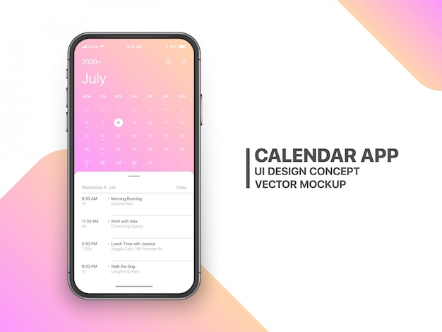 Calendário app ui ux conceito página julho