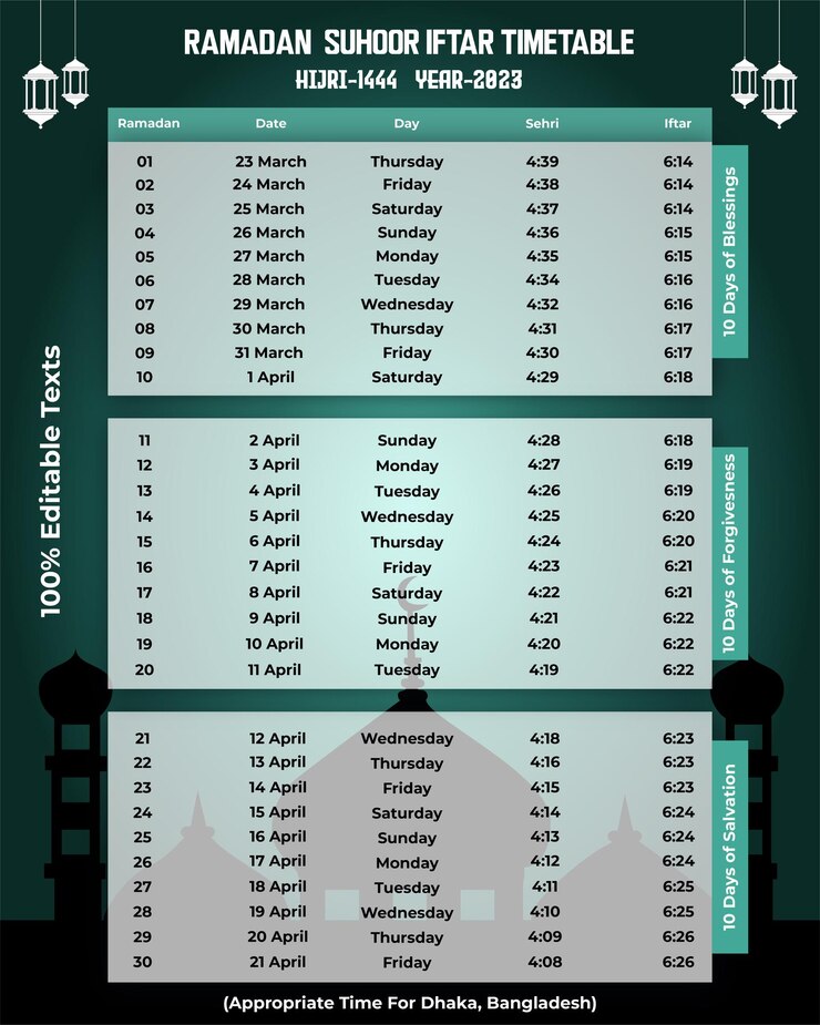 Calendário bangla do ramadã 2023 para dhaka bangladesh com tabela de