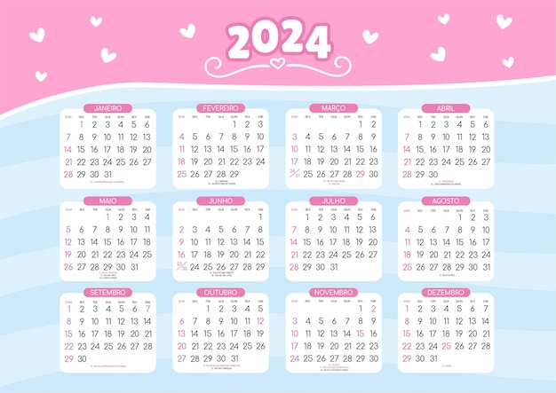 Vetor calendário bonito brasil 2024 feriados nacionais calendário datas comemorativas e feriados 2024