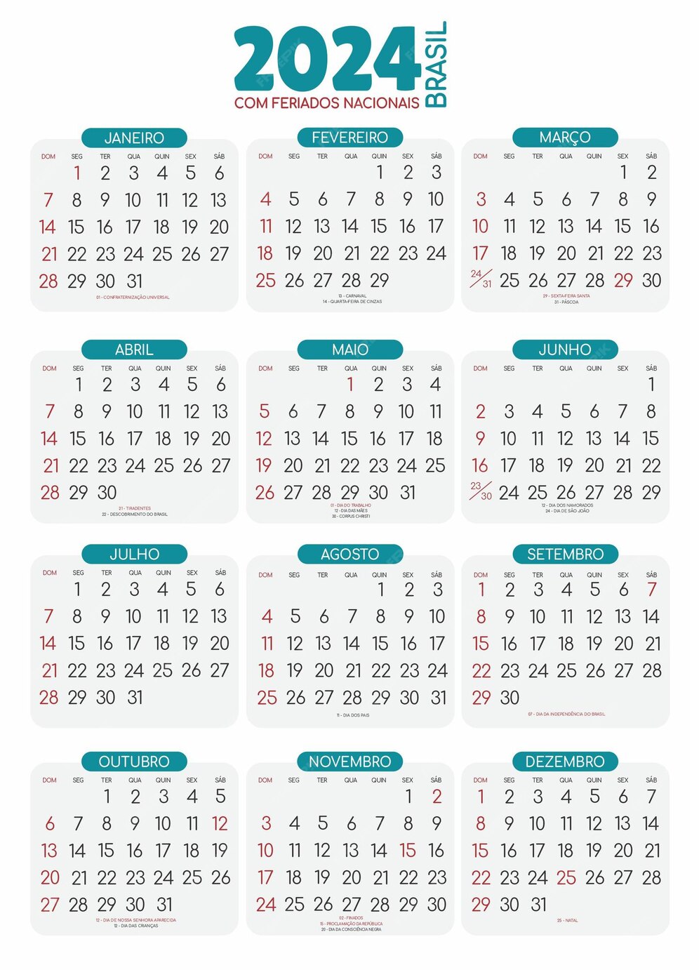 Calendário Brasil 2024 Feriados Nacionais Calendário datas