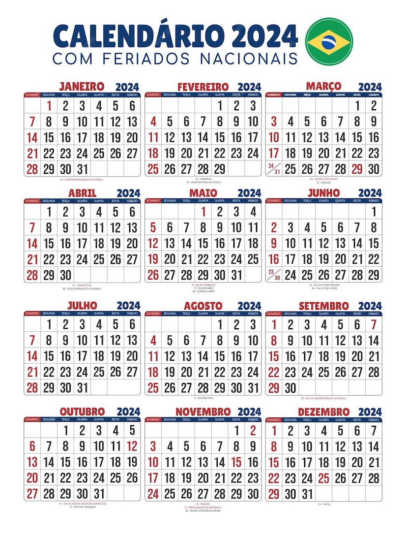 Calendário brasil 2024 feriados nacionais calendário datas