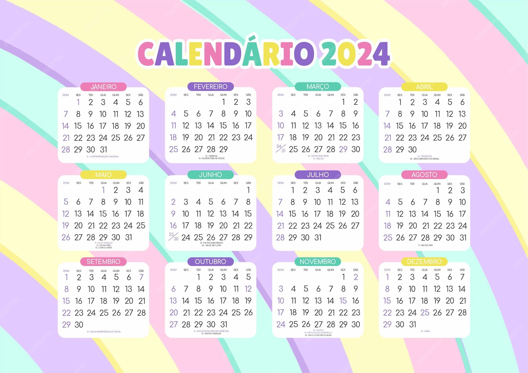 Calendário Brasil 2024 Feriados Nacionais Calendário datas