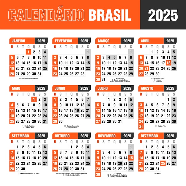 calendário brasil 2025 feriados anos dia da semana laranja