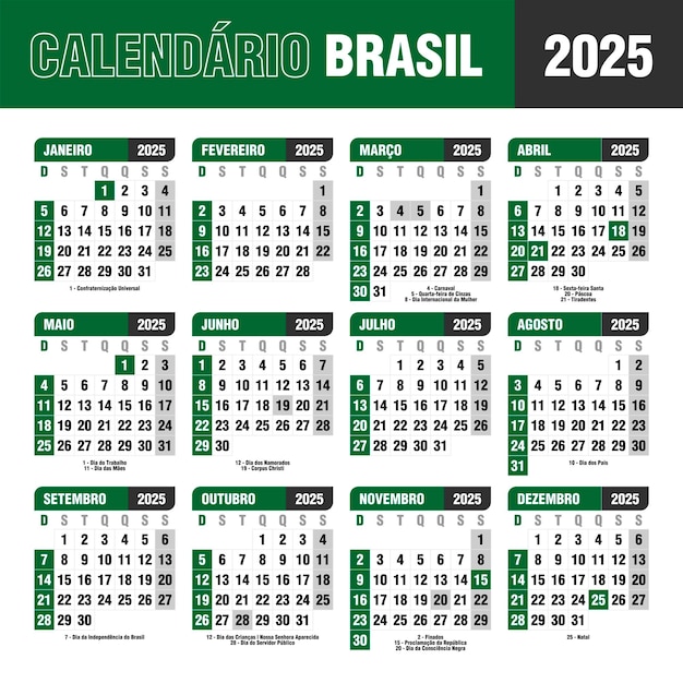 calendário brasil 2025 feriados anos dia da semana verde