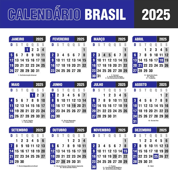 calendário brasil 2025 feriados anos semana dia azul