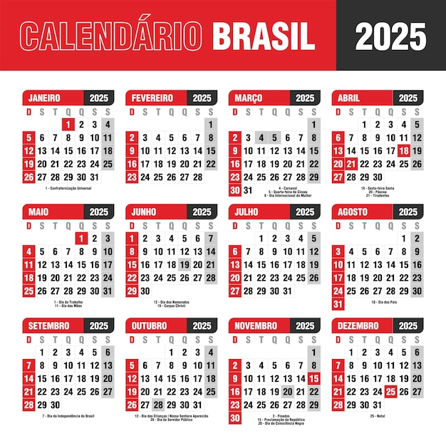 calendário brasileiro 2025 feriados anos dia da semana vermelho