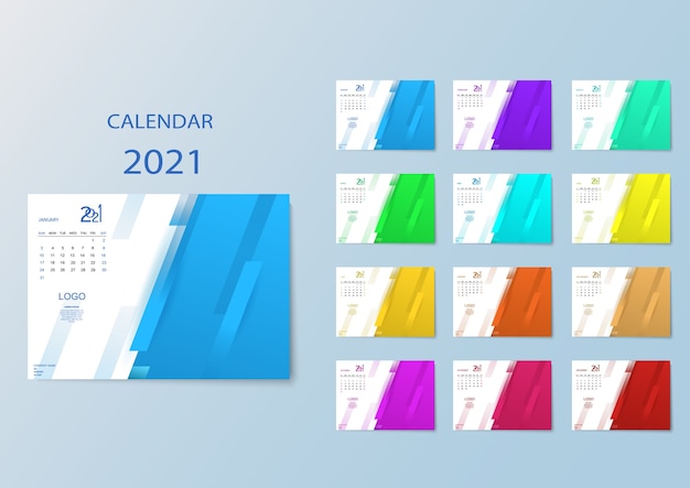 Calendário colorido com meses para 2021.