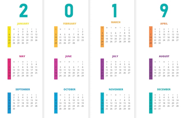 Vetor calendário colorido do ano 2019