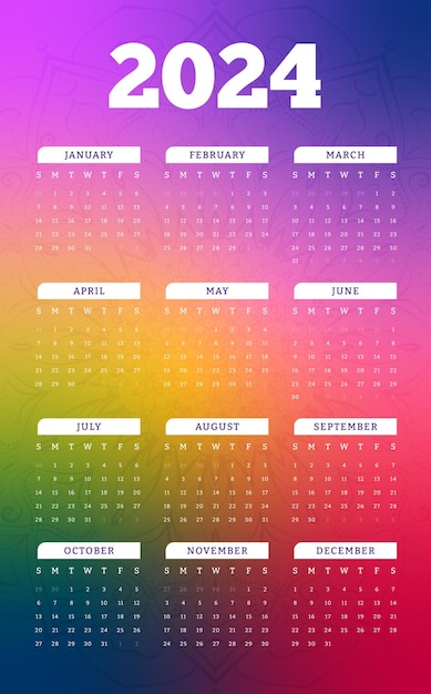 Calendário colorido por 2024 anos