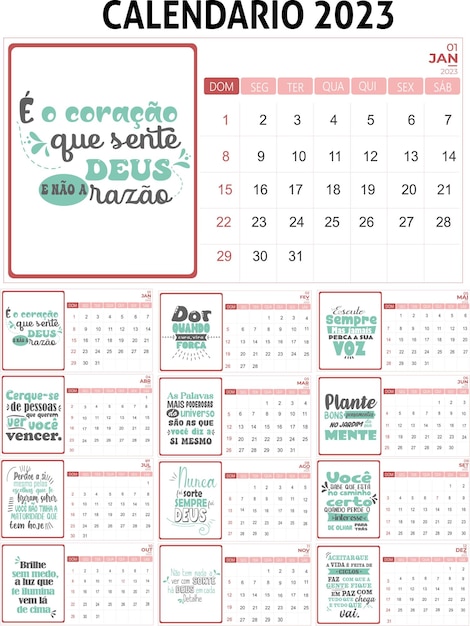 Vetor calendário com frases motivacionais para o ano de 2023