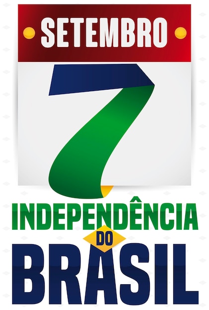 Vetor calendário com número sete feito com fita e cores da bandeira brasileira para o dia da independência do brasil