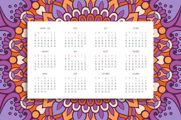 Calendário com ornamento de mandalas