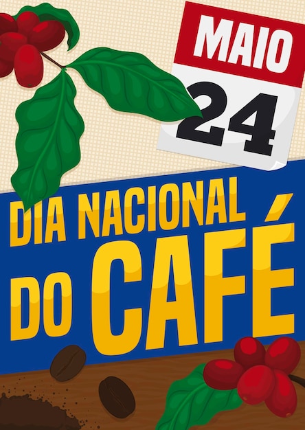 Vetor calendário com planta de café e grãos para o dia nacional do café