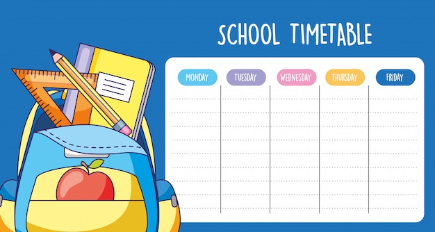 Vetor calendário da escola com bolsa com suprimentos shool