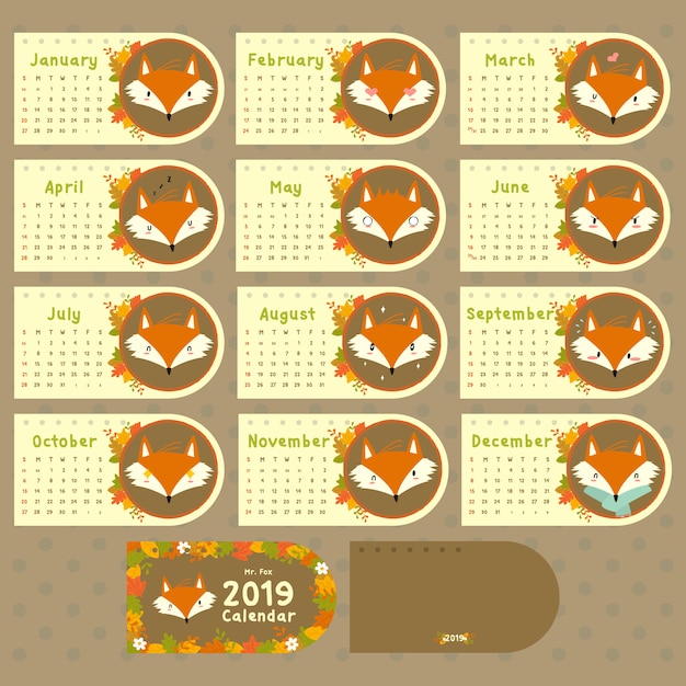 Vetor calendário de 2019 autumn fox