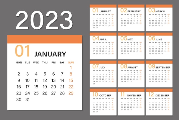 Vetor calendário de 2023 anos, semana começa na segunda-feira