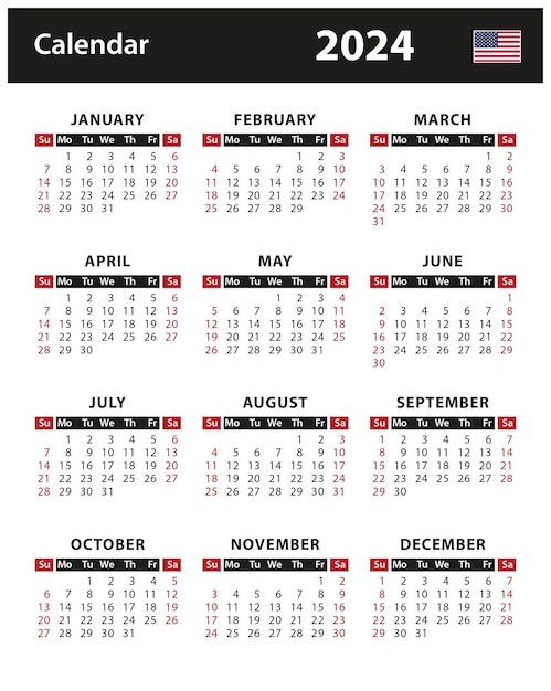 Calendário de 2024 - ilustração vetorial de estoque. versão inglesa americana