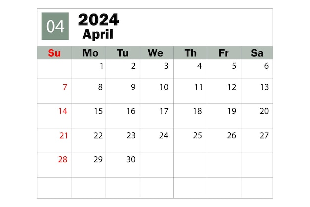 Vetor calendário de abril de 2024. calendário diário. planejador diário. ilustração em vetor.