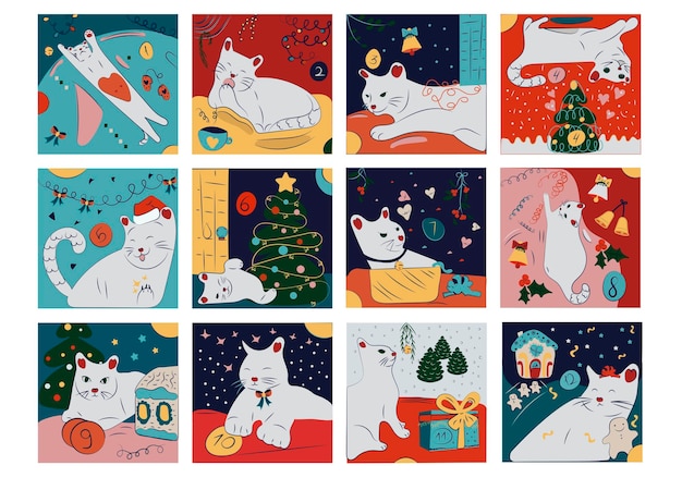 Calendário de advento de elementos de Natal desenhado à mão com gato. Lindo mini calendário do advento de 12 dias