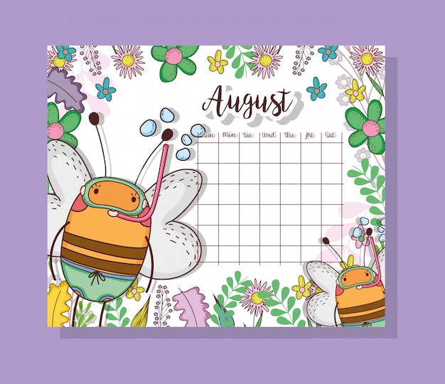 Calendário de agosto com animal bonito abelhas