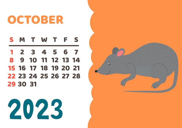 Calendário de animais 2023 Calendário mensal bonito com animais diferentes personagens engraçados da floresta e savana pôster infantil vetor almanaque rato de outubro