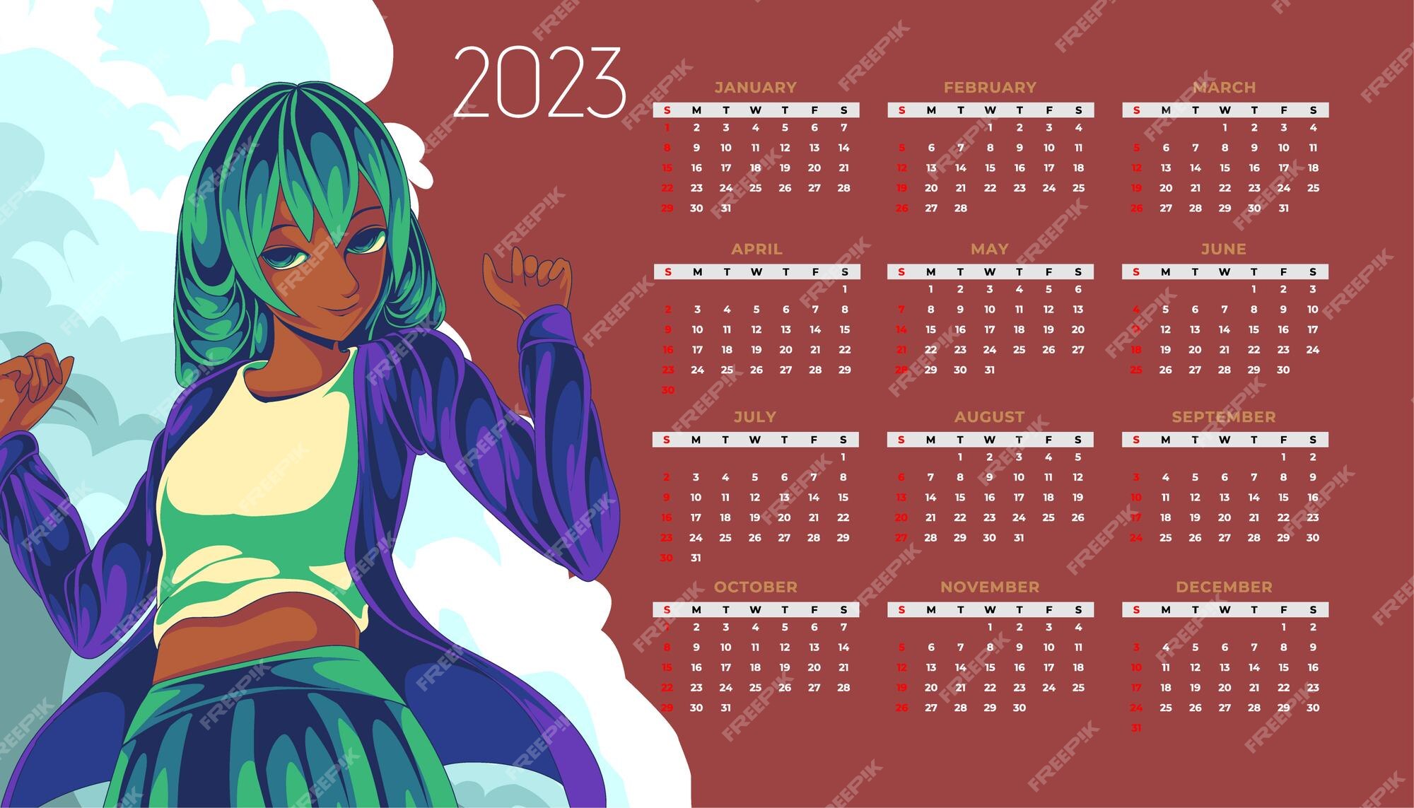 Calendário de anime de garota feliz 2023