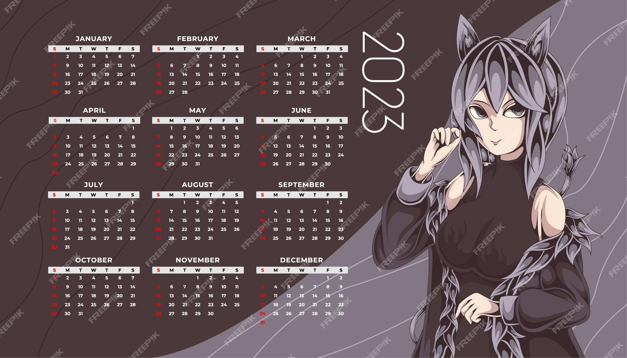 calendário de 2021 tema anime