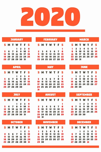 Calendário de ano 2020 vermelho, pronto para imprimir, estilo simples