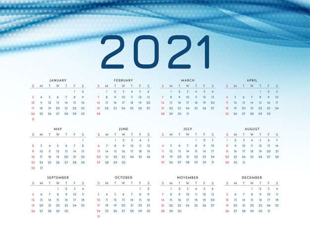 Calendário de ano novo de 2021 com onda azul elegante