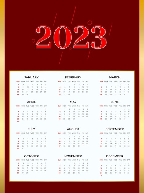 Calendário de ano novo de 2023 com fundo de cor dourada e marrom e design de texto vermelho