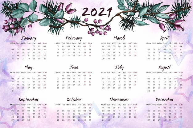 Calendário de ano novo em aquarela de 2021