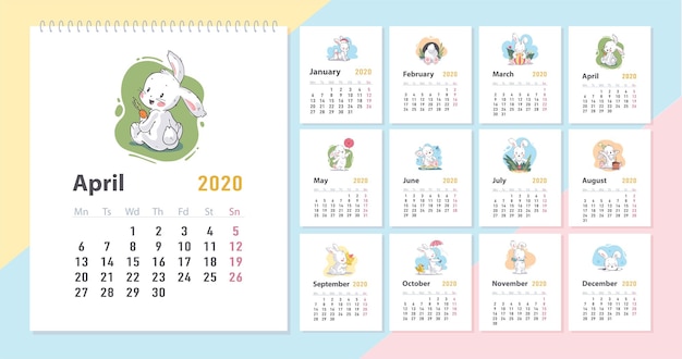 Calendário de bebê de vetor para modelo de ano 2020 com personagem de coelhinho branco engraçado pequeno em estilo desenhado mão de desenho animado andando, rindo, sentado, jogando, etc. design de calendário do advento.