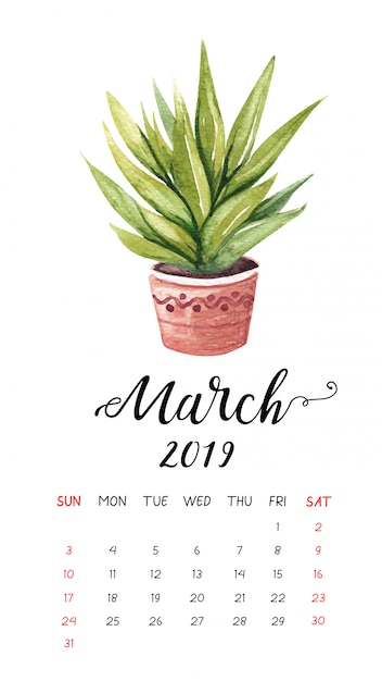 Calendário de cacto aquarela para março de 2019.