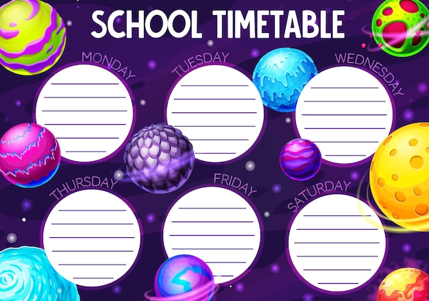 Calendário de calendário escolar de planetas de galáxia e espaço dos desenhos animados. plano de estudo ou tabela de tempo de educação, planejador semanal e organizador com quadro de plano de fundo de planetas, estrelas e asteróides do universo de fantasia