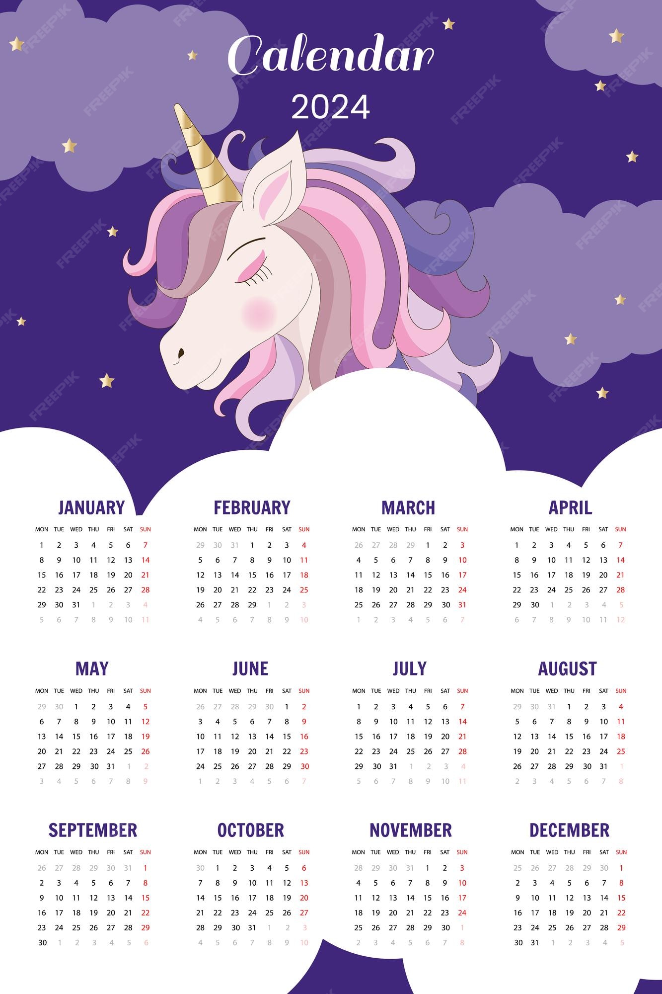 Calendário de design de unicórnio fofo 2024 em vetor Vetor Premium