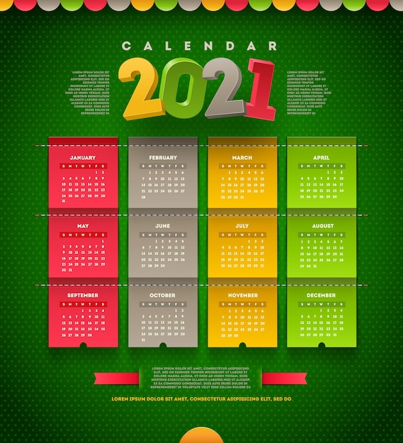 Vetor calendário de design temlate para 2021 anos