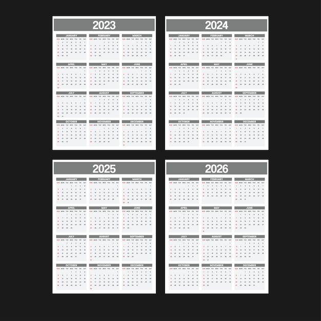 Calendário de design vetorial 2023, 2024, 2024, modelo 2026