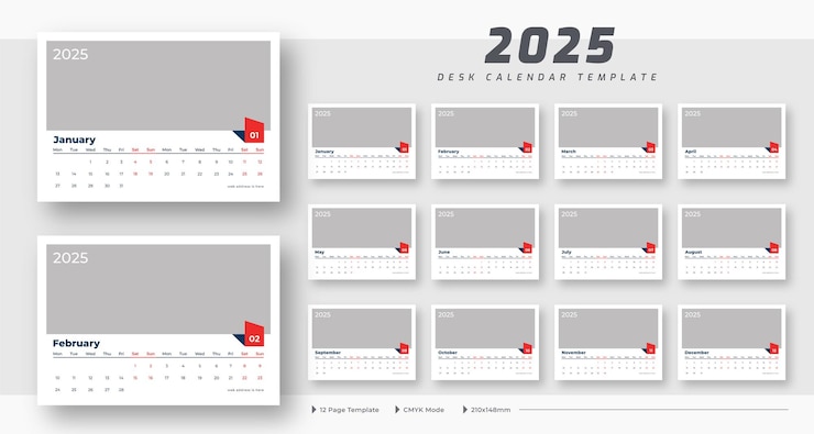 Vetor calendário de escritório de 2025 modelo de 12 páginas calendário da secretária de 2025 modelo do planejador semana começa na segunda-feira