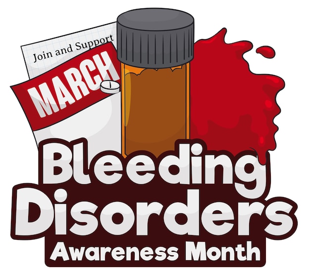 Vetor calendário de exames de garrafa e sangue comemorando o mês de distúrbios hemorrágicos em março
