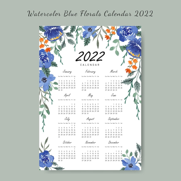 Calendário de flores em aquarela azul 2022