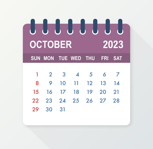 Calendário de folha de calendário de outubro de 2023 2023 em estilo simples ilustração vetorial