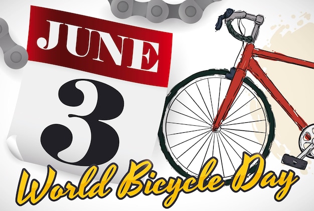 Vetor calendário de folhas soltas e sorteio de bicicletas para comemorar o dia mundial da bicicleta