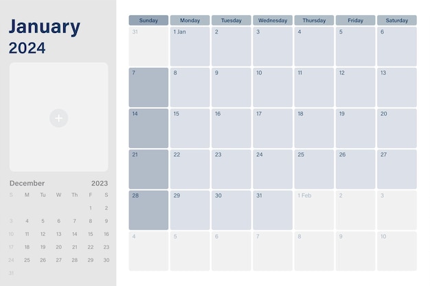 Vetor calendário de janeiro de 2024 planificador de mesa com espaço para suas fotos semanas começam no domingo