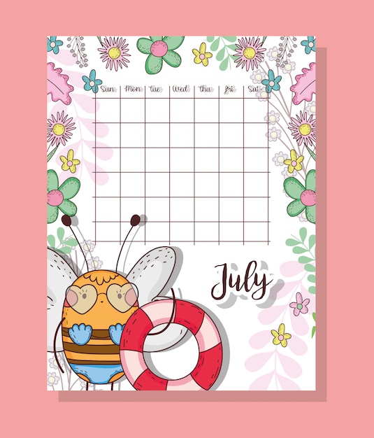 Vetor calendário de julho com animal bonito abelha