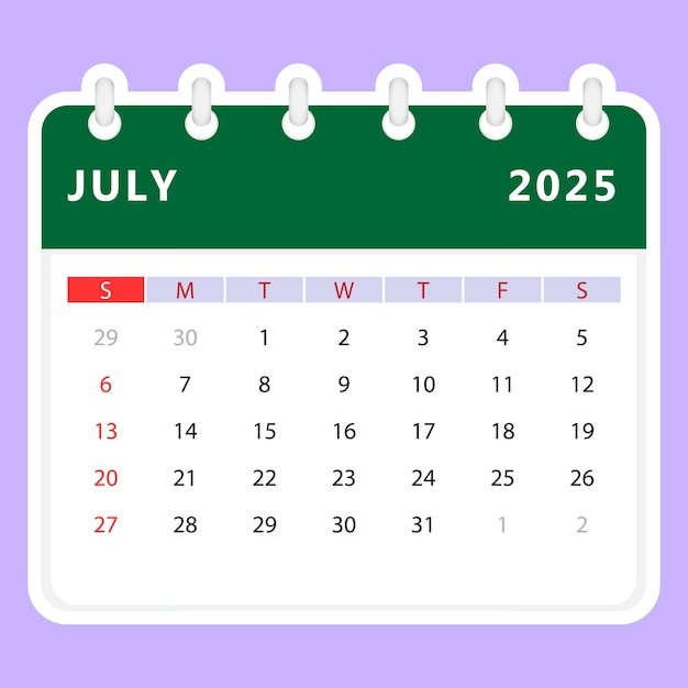 Calendário de julho de 2025 início de domingo Desenho vetorial