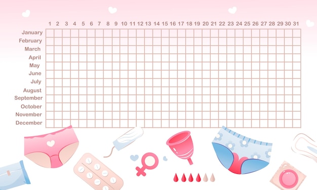 Calendário de menstruação. rastreador de período feminino. calendário para marcação de dias críticos, ciclo menstrual.