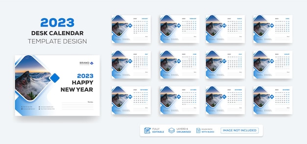 Vetor calendário de mesa 2023 ou calendário mensal e semanal de calendário de ano novo 2023 modelo de design.