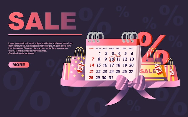 Calendário de mesa com sacolas de compras de data de vendas e ilustração em vetor plana percentual símbolo venda dia tag no design de página do site de fundo escuro.